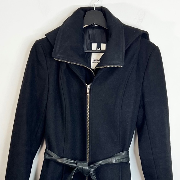 Soia & Kyo Canadian made ASIA black wool blend leather belted hooded coat M - Picture 8 of 15